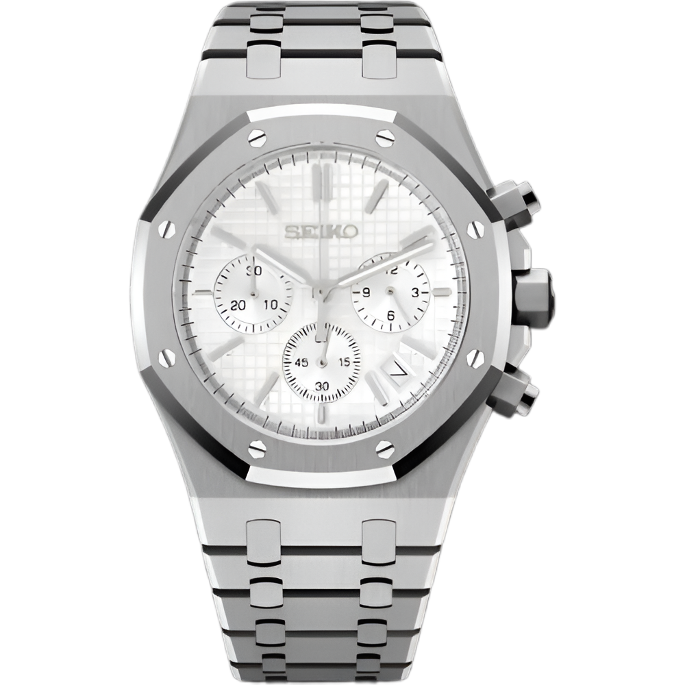 Seikoak White Chronograph - front dial view | The Golden Mods