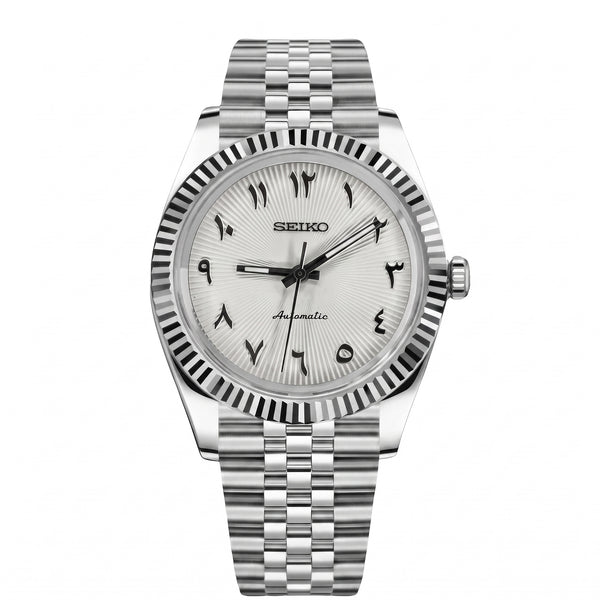 Seikojust Gradient Arabic White Dial Seiko mod watch front view | The Golden Mods