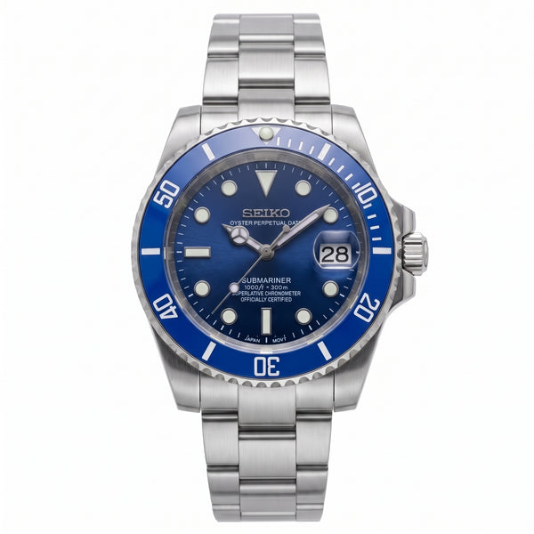 Seikomariner Smurf Seiko mod watch front view | The Golden Mods