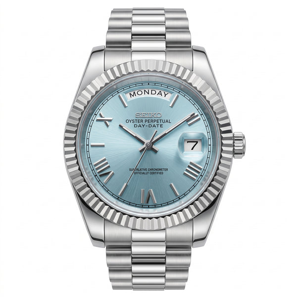 Seikodate Ice Blue Seiko mod watch – ice blue dial, front view