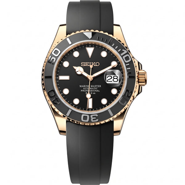 Yachteiko Gold Black Seiko mod watch – black dial, front view