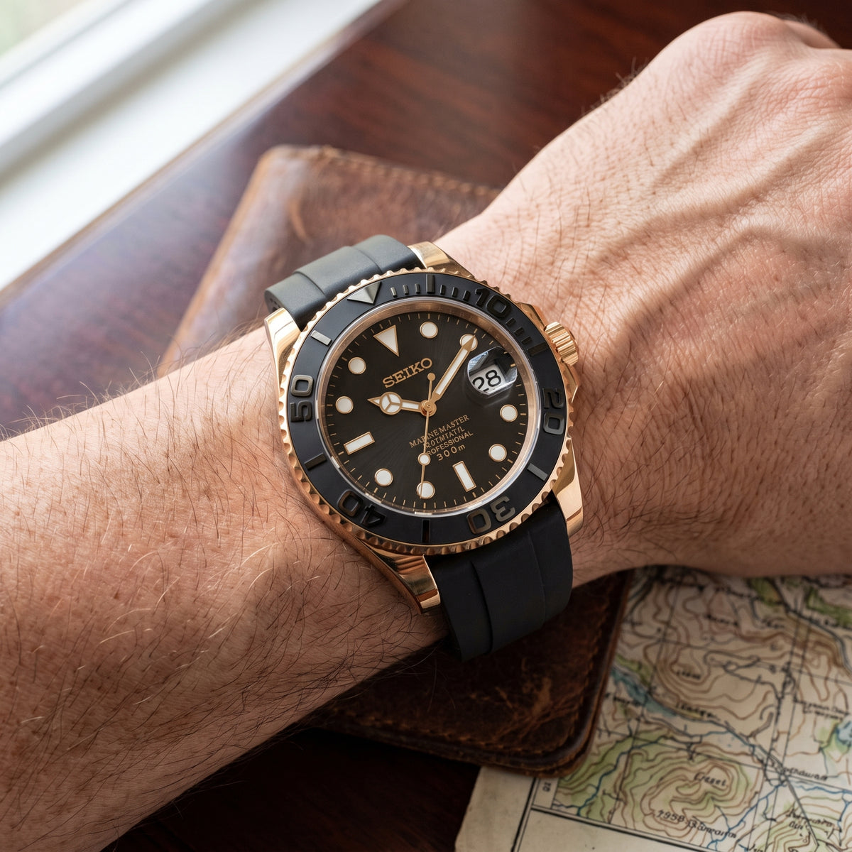 Yachteiko Gold Black Seiko mod watch – black dial, wrist shot
