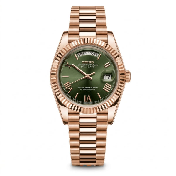Seikodate Olive Green Rose Gold Seiko mod watch – olive green dial, front view
