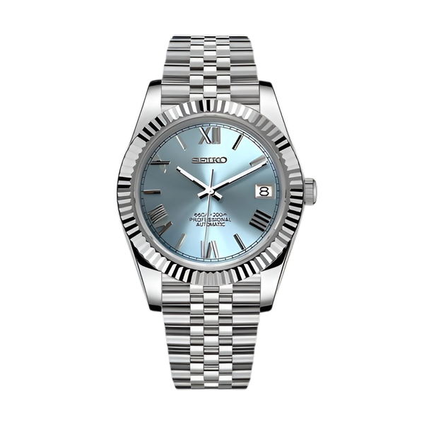 Seikojust Ice Blue Roman - front dial view | The Golden Mods