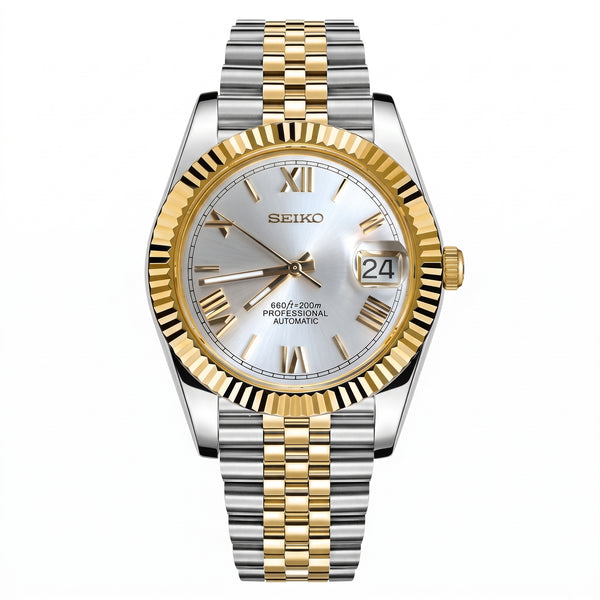 Seikojust Two Tones Gold Seiko mod watch – silver Roman dial, front view