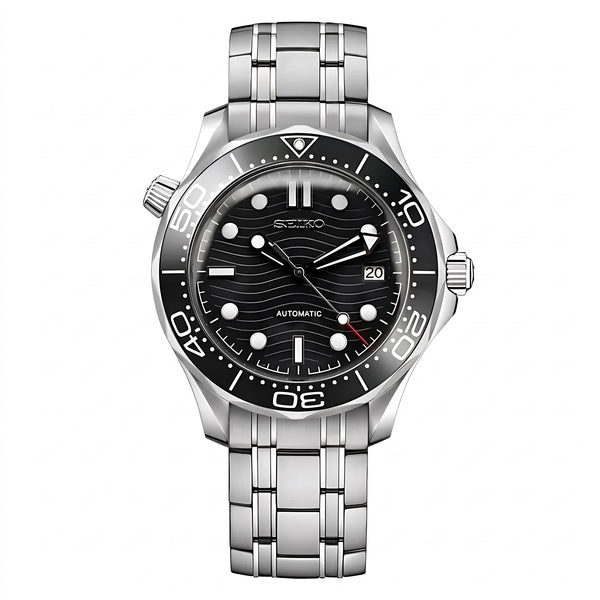 Seikomaster Black Seiko mod watch – black wave dial, front view