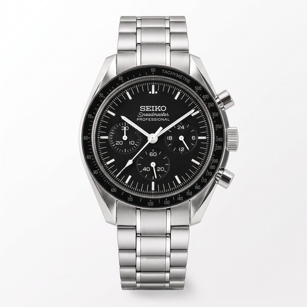 Seikomaster Black Seiko mod watch – black dial, front view
