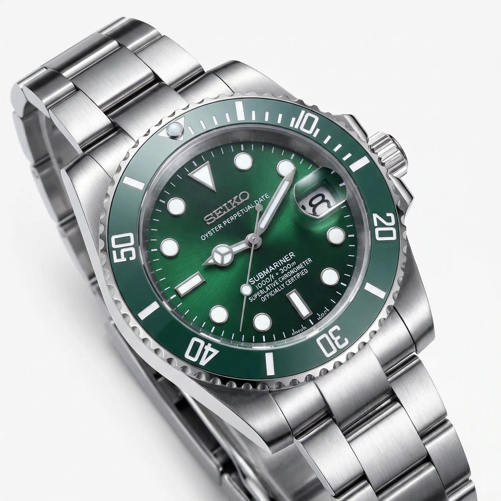 Seikomariner Hulk Seiko mod watch – green dial, dial close-up