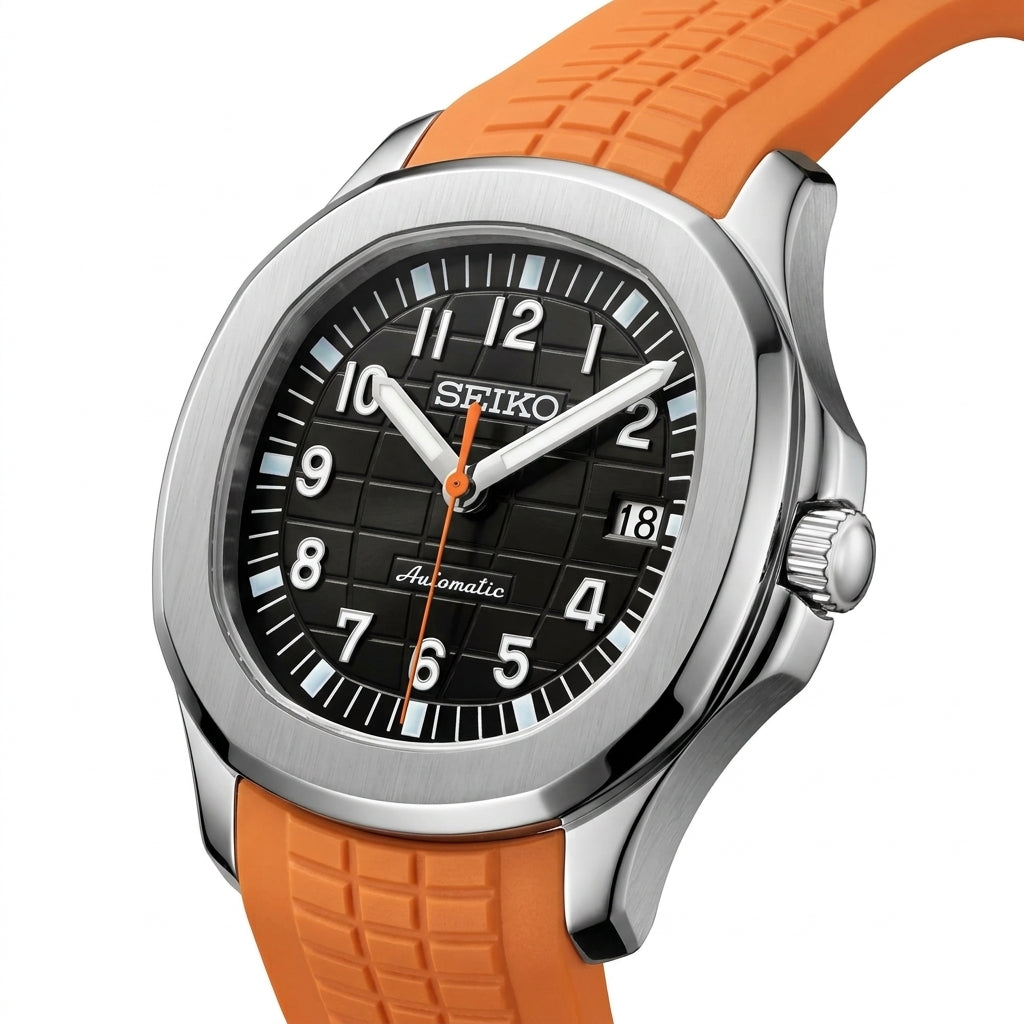 Seikonaut Orange Seiko mod watch – black dial, side view