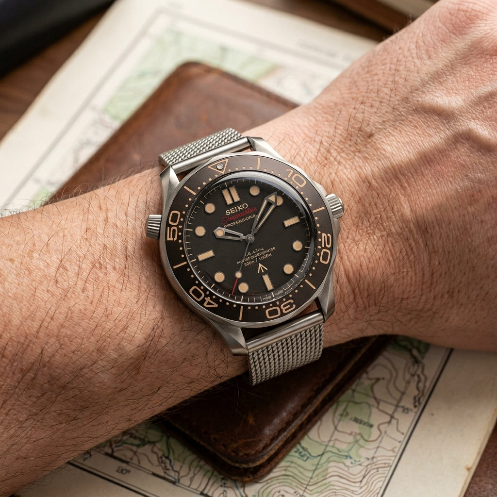 Seikomaster James Bond 007 Seiko mod watch – dark brown dial, wrist shot