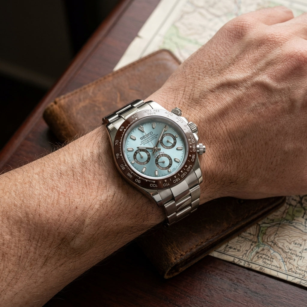 Seitona Platinum Seiko mod watch – ice blue dial, wrist shot