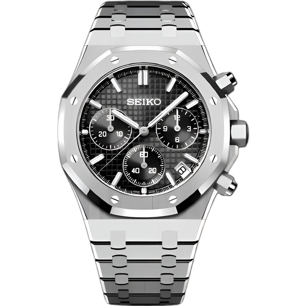Seikoak Black Chronograph - front dial view | The Golden Mods