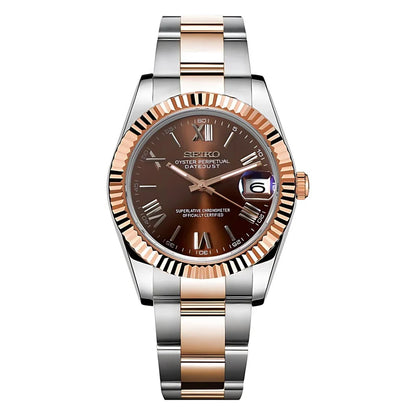 Seikojust Chocolate Roman Seiko mod watch front view | The Golden Mods