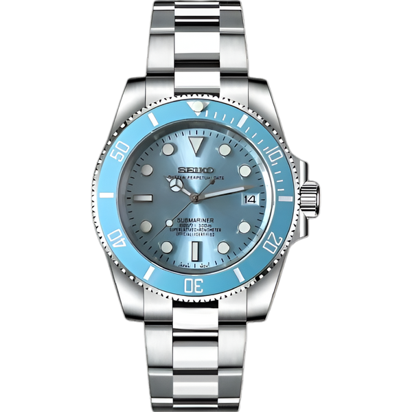 Seikomariner Sky Blue - front dial view | The Golden Mods