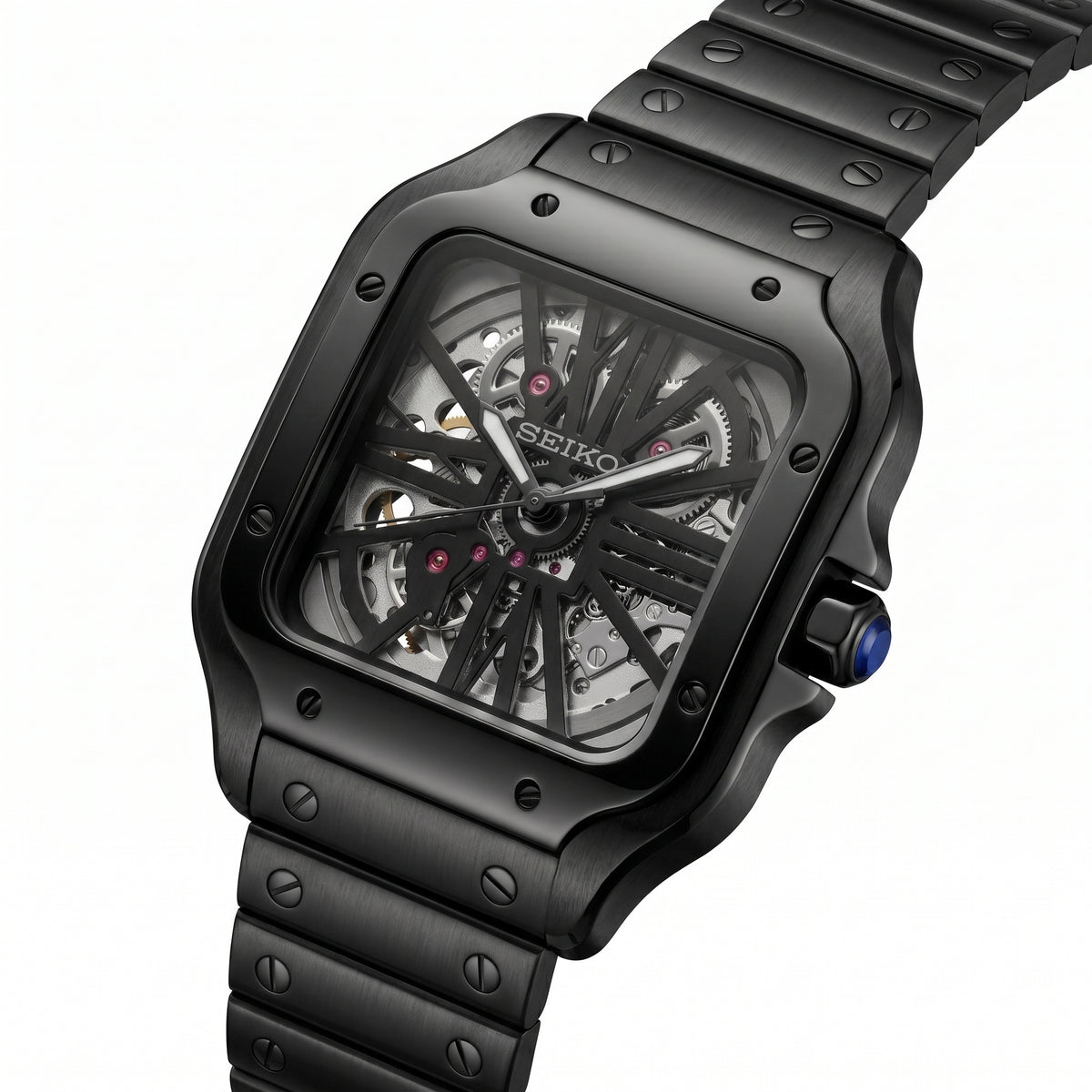 Santeiko Skeleton Black Seiko mod watch – skeleton dial, side view