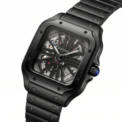 Santeiko Skeleton Black Seiko mod watch – skeleton dial, side view