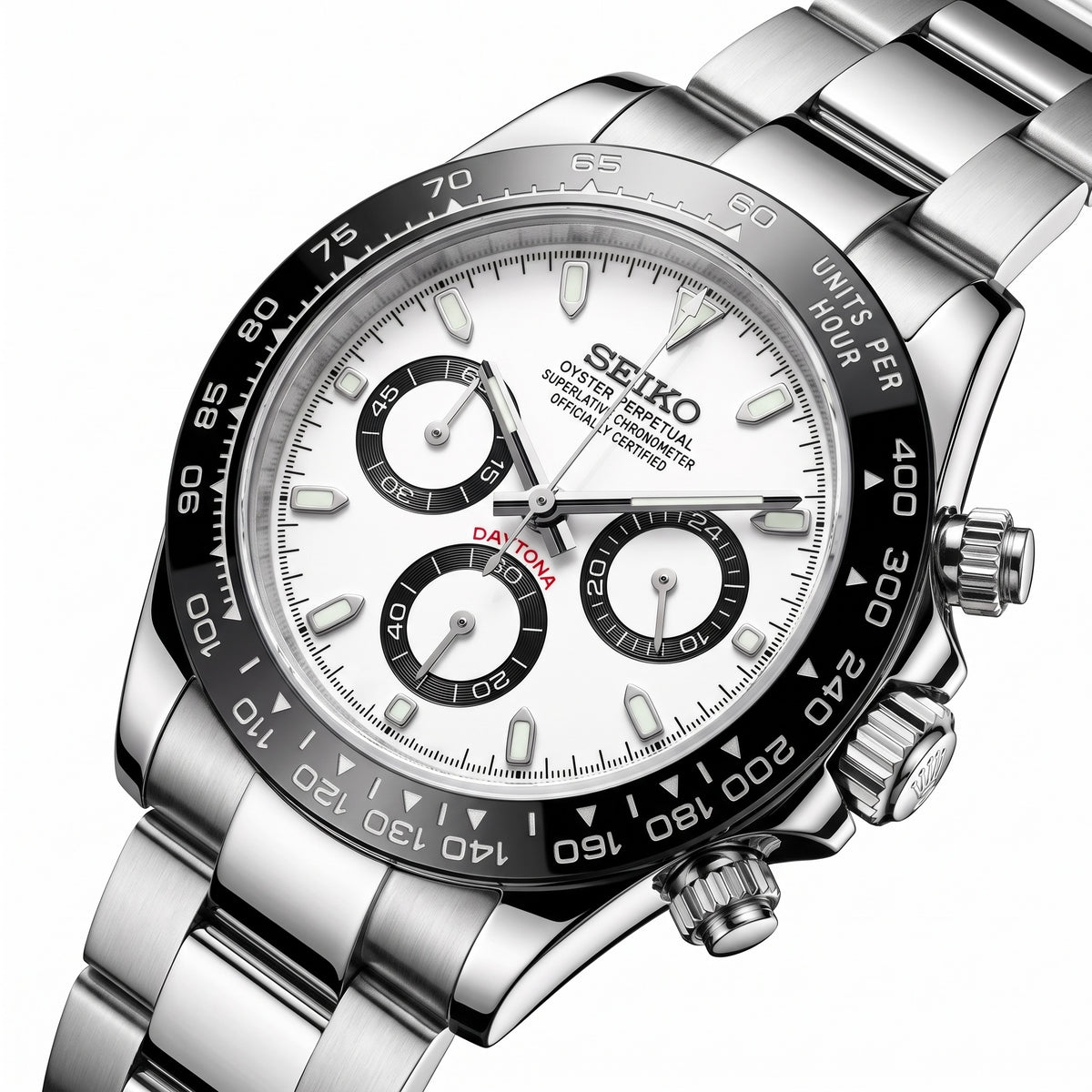 Seitona Panda Seiko mod watch – white panda dial, dial close-up
