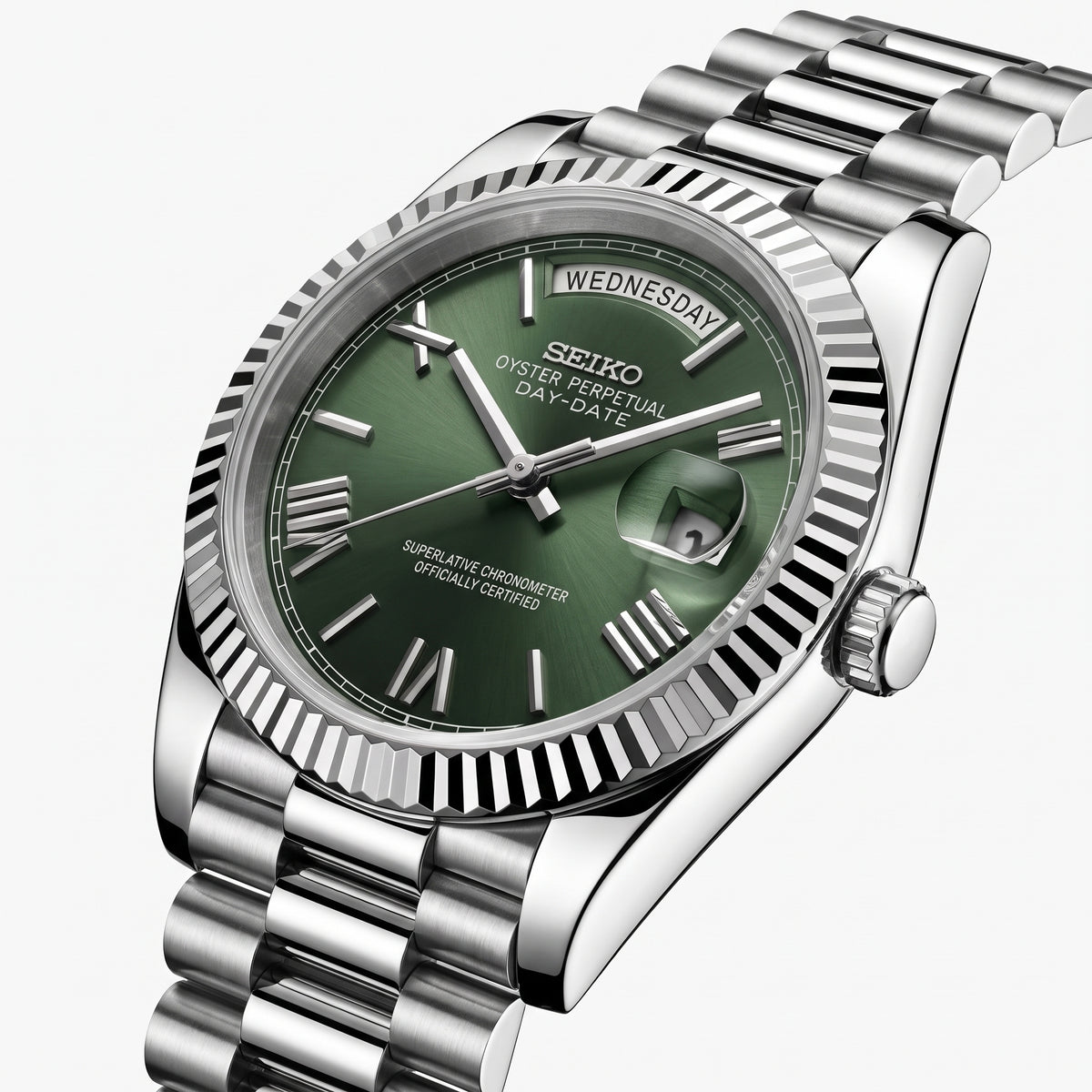 Seikodate Roman Green Seiko mod watch – green Roman-numeral dial, side view