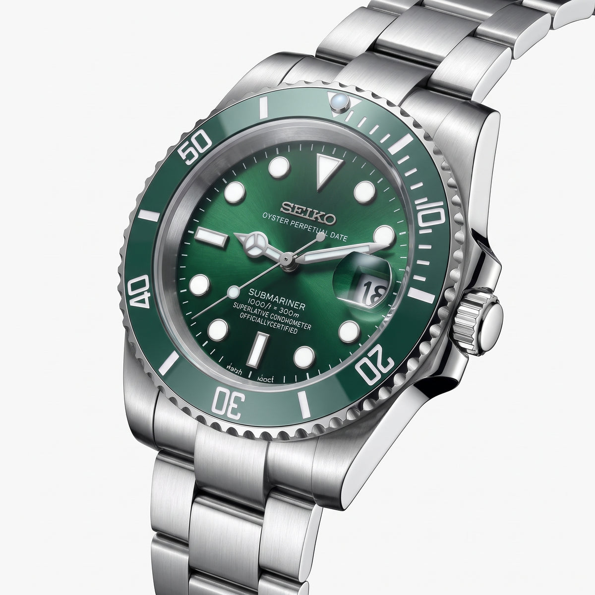 Seikomariner Hulk Seiko mod watch – green dial, side view