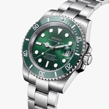 Seikomariner Hulk Seiko mod watch – green dial, side view