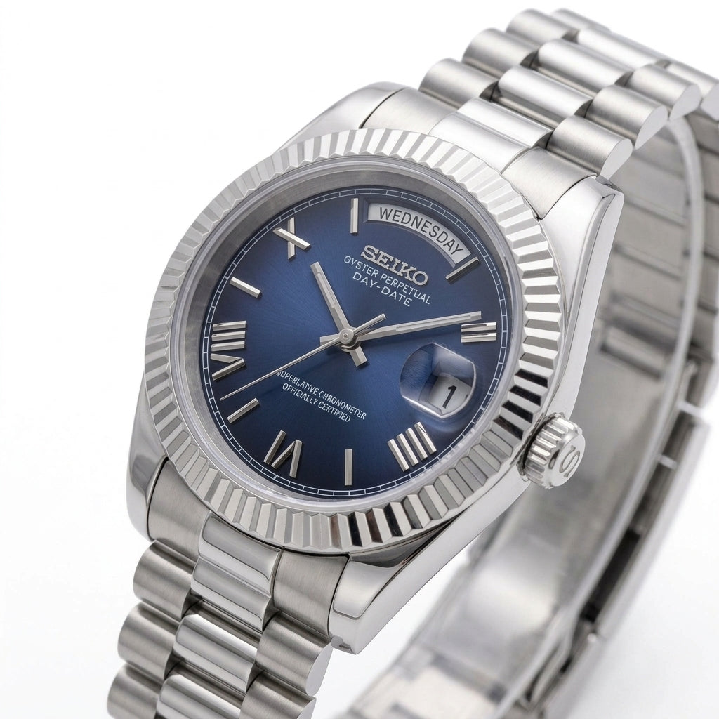 Seikodate Roman Blue Seiko mod watch – blue Roman-numeral dial, side view
