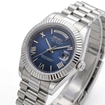 Seikodate Roman Blue Seiko mod watch – blue Roman-numeral dial, side view