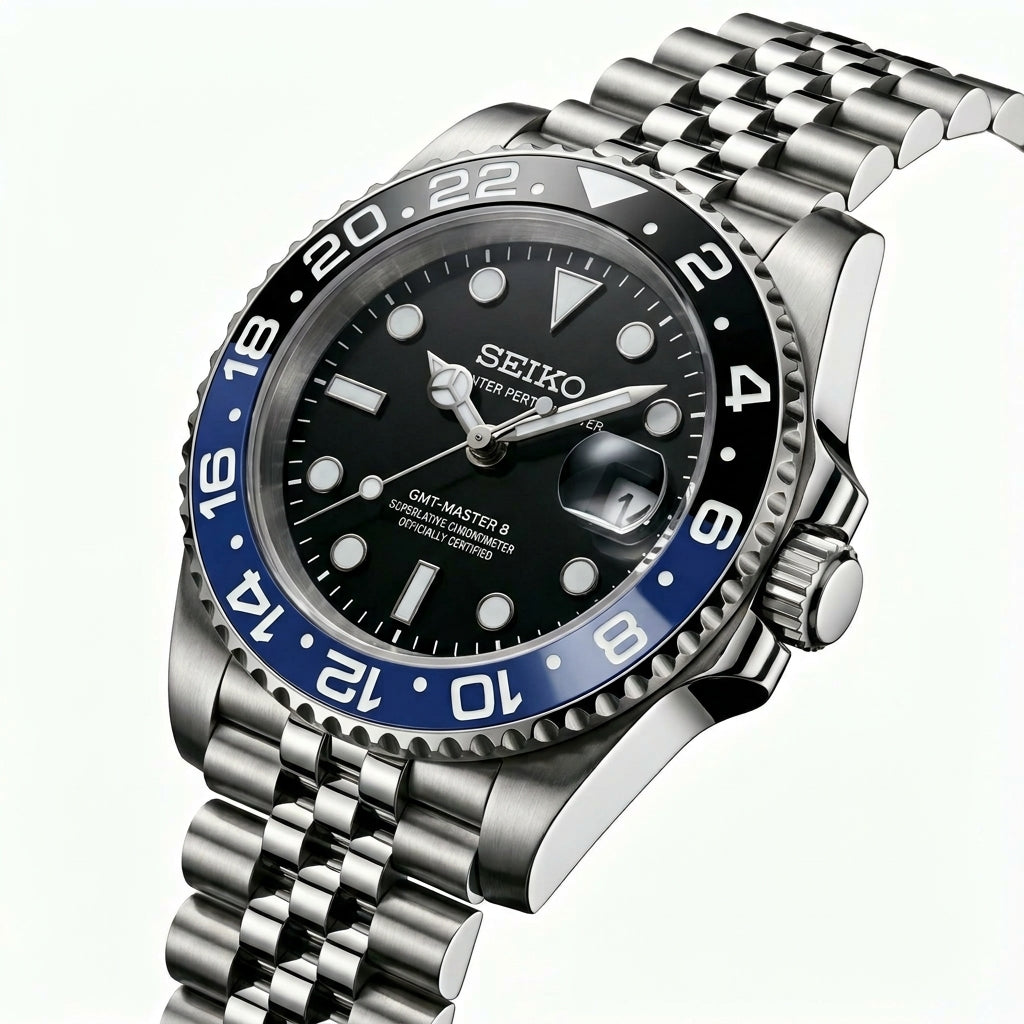 Seikomariner Batman Seiko mod watch – black dial, side view