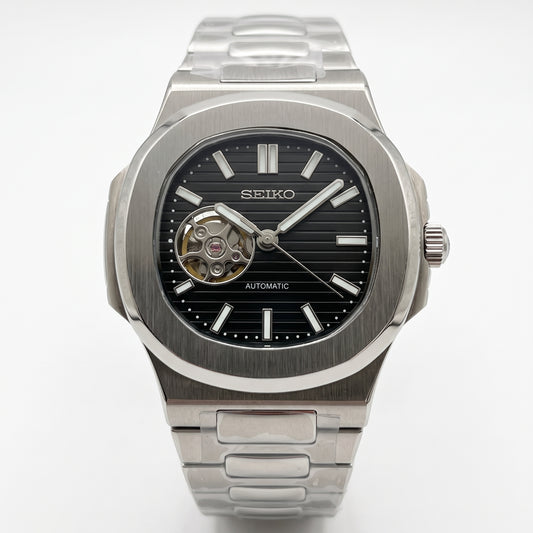 Nautiko Black Open Heart Seiko mod watch front view | The Golden Mods