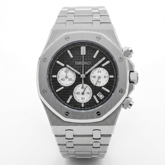 Seikoak Chronograph Black and Silver Seiko mod watch front view | The Golden Mods