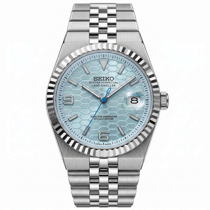 Landteiko Sky Blue Seiko mod watch front view | The Golden Mods