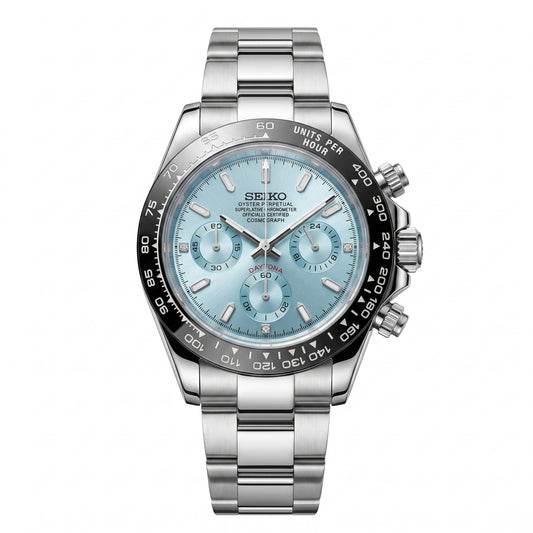 Seitona Ice Blue Baguette Diamonds Seiko mod watch front view | The Golden Mods