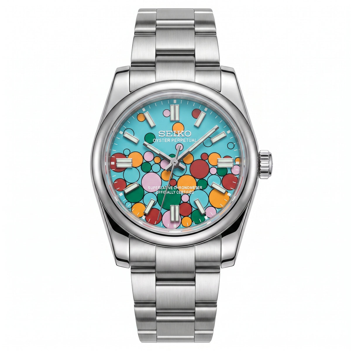 Oysteiko Bubbles Celebration Seiko mod watch front view | The Golden Mods