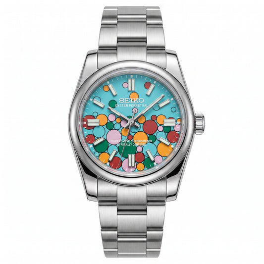 Oysteiko Bubbles Celebration Seiko mod watch front view | The Golden Mods