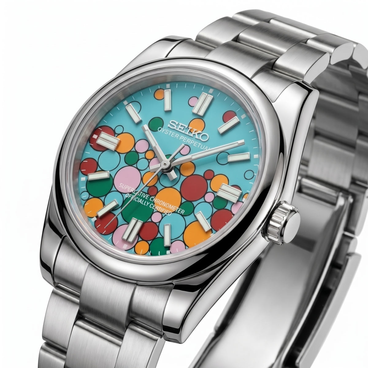 Oysteiko Bubbles Celebration Seiko mod watch side angle | The Golden Mods