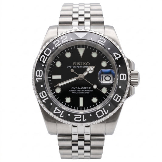 Seikomariner Black II Seiko mod watch front view | The Golden Mods