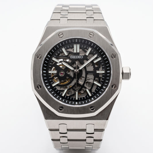 Seikoak Skeleton Seiko mod watch front view | The Golden Mods