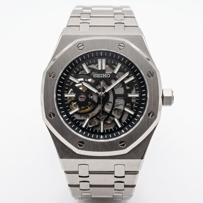 Seikoak Skeleton Seiko mod watch front view | The Golden Mods