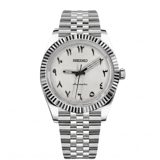Seikojust Gradient Arabic White Dial Seiko mod watch front view | The Golden Mods