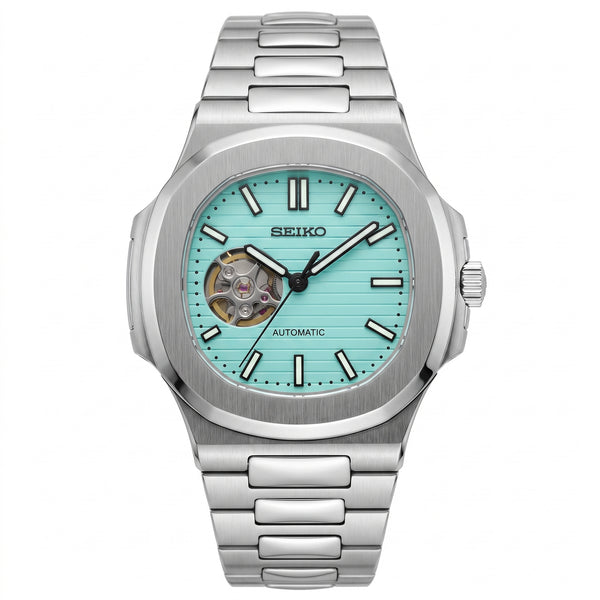 Nautiko Tiffany Open Heart Seiko mod watch front view | The Golden Mods