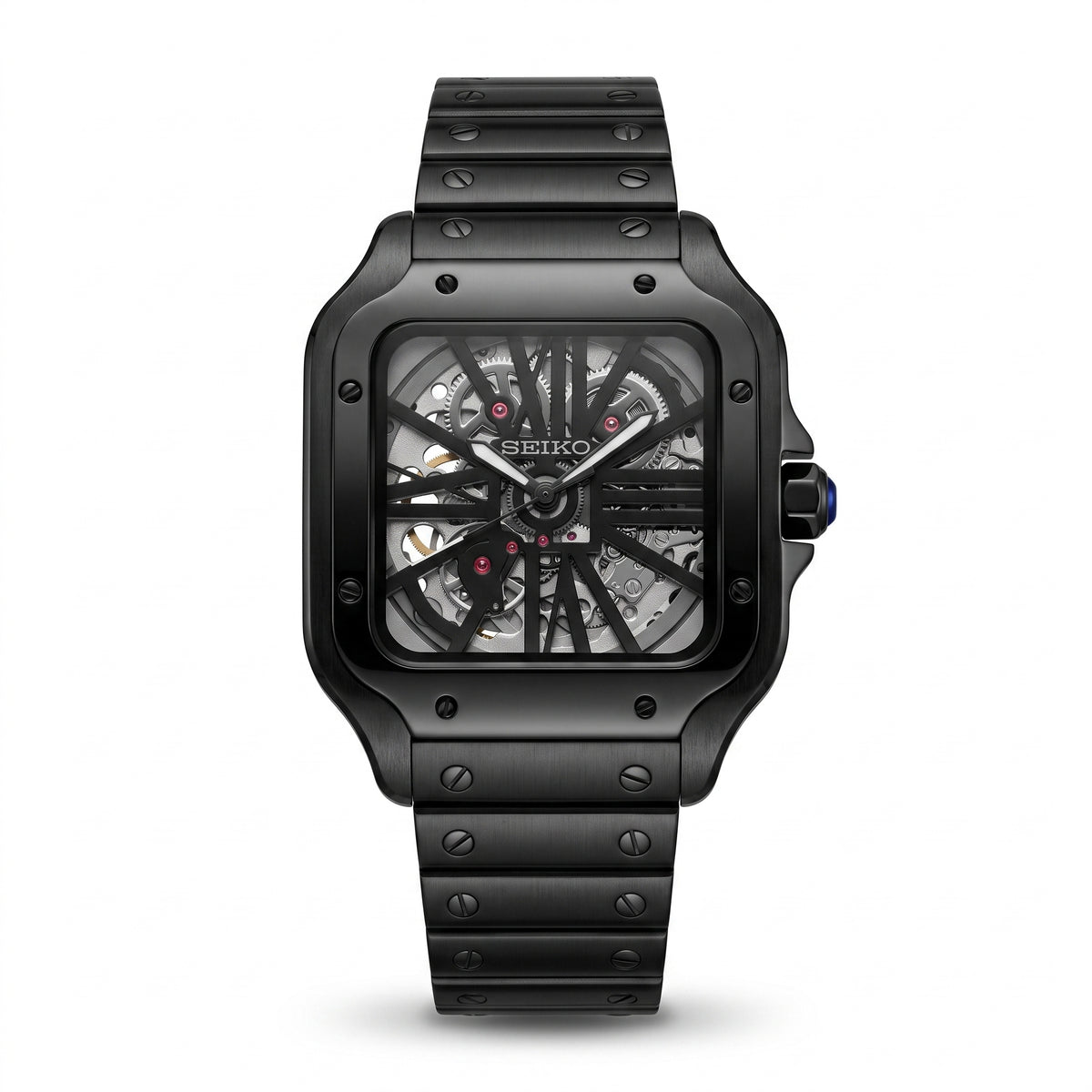 Santeiko Skeleton Black Seiko mod watch – skeleton dial, front view