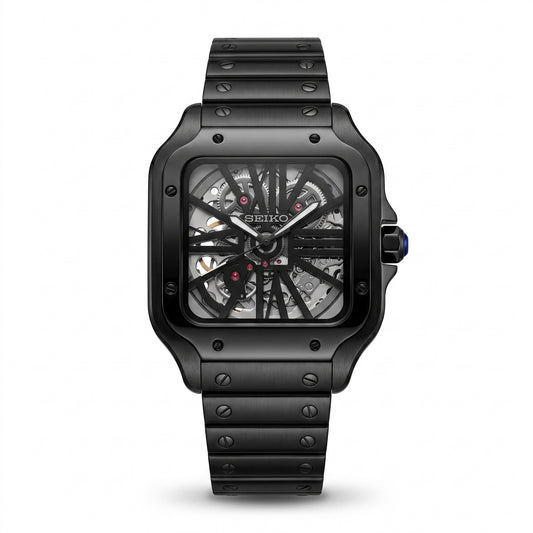 Santeiko Skeleton Black Seiko mod watch – skeleton dial, front view