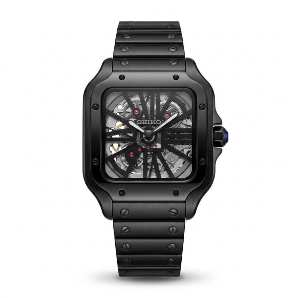 Santeiko Skeleton Black Seiko mod watch – skeleton dial, front view