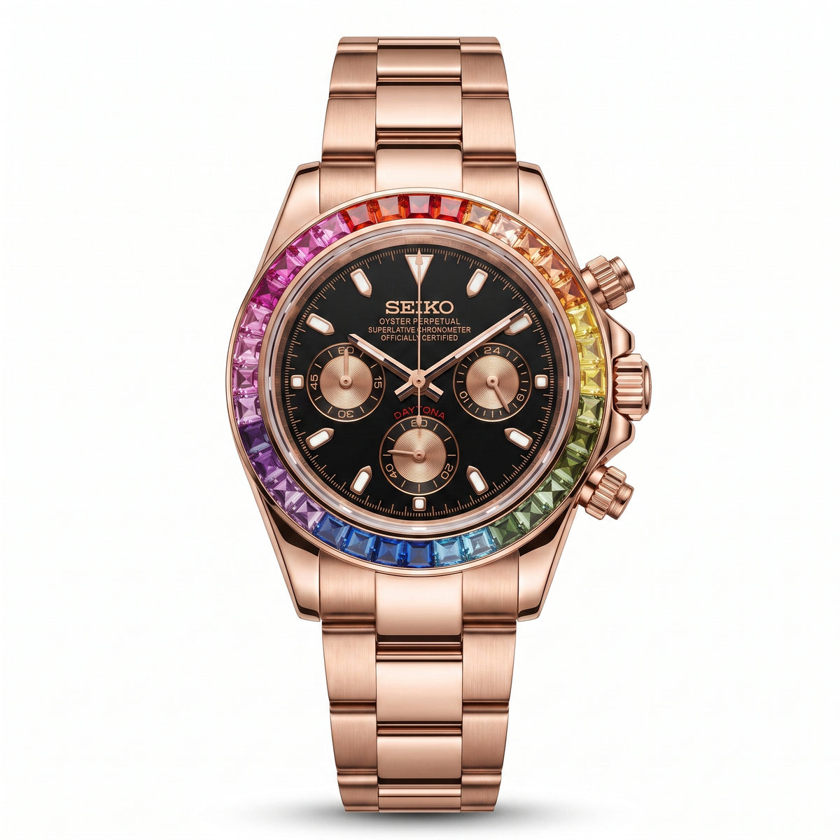 Seitona Rainbow Rose Gold Seiko mod watch front view | The Golden Mods