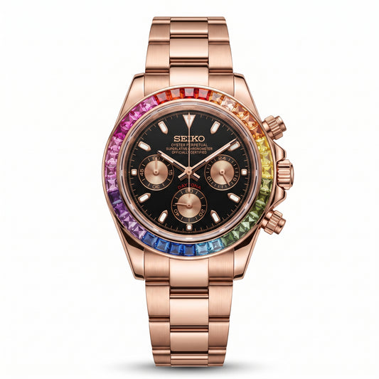 Seitona Rainbow Rose Gold Seiko mod watch front view | The Golden Mods