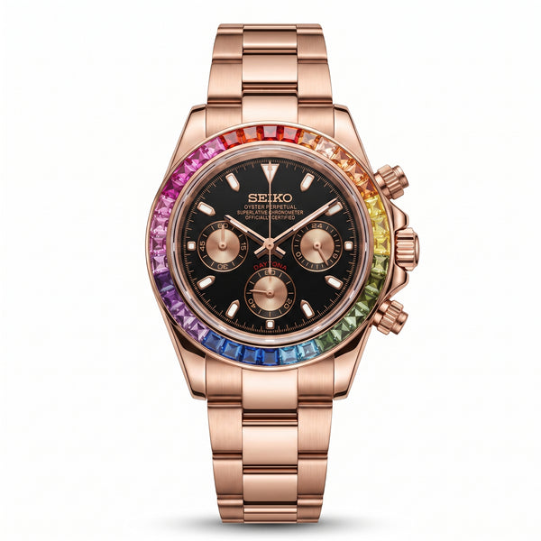Seitona Rainbow Rose Gold Seiko mod watch front view | The Golden Mods