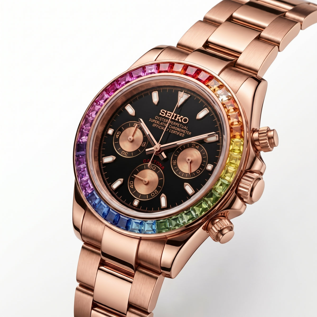 Seitona Rainbow Rose Gold Seiko mod watch side angle | The Golden Mods