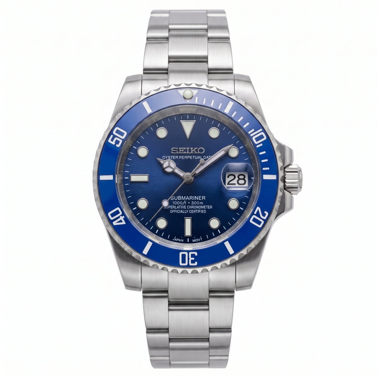 Seikomariner Smurf Seiko mod watch front view | The Golden Mods