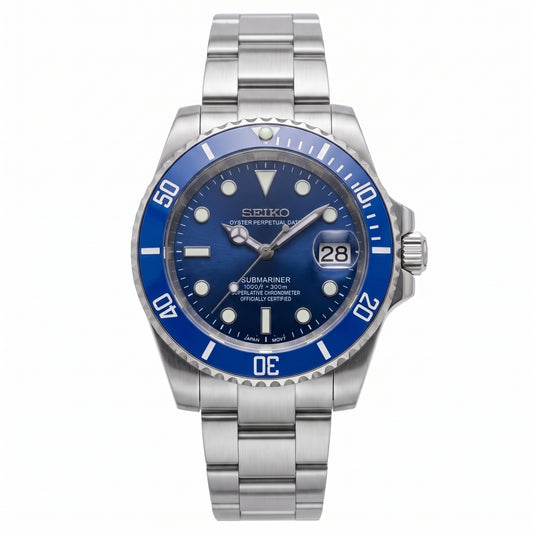 Seikomariner Smurf Seiko mod watch front view | The Golden Mods
