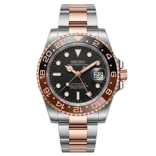 GMTeiko Rootbeer Seiko mod watch front view | The Golden Mods