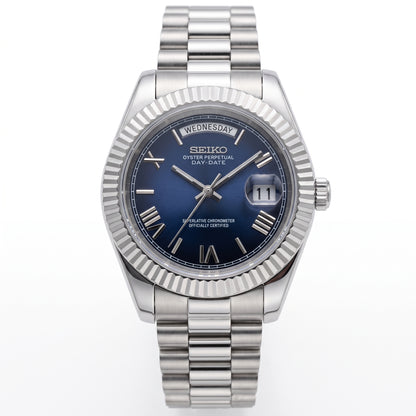 Seikodate Roman Blue Seiko mod watch front view | The Golden Mods